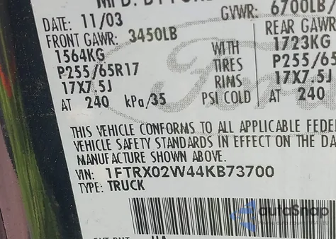 2004 Ford F-150 Stx/Xlt z USA, uszkodzony, nr VIN 1FTRX02W44KB73700